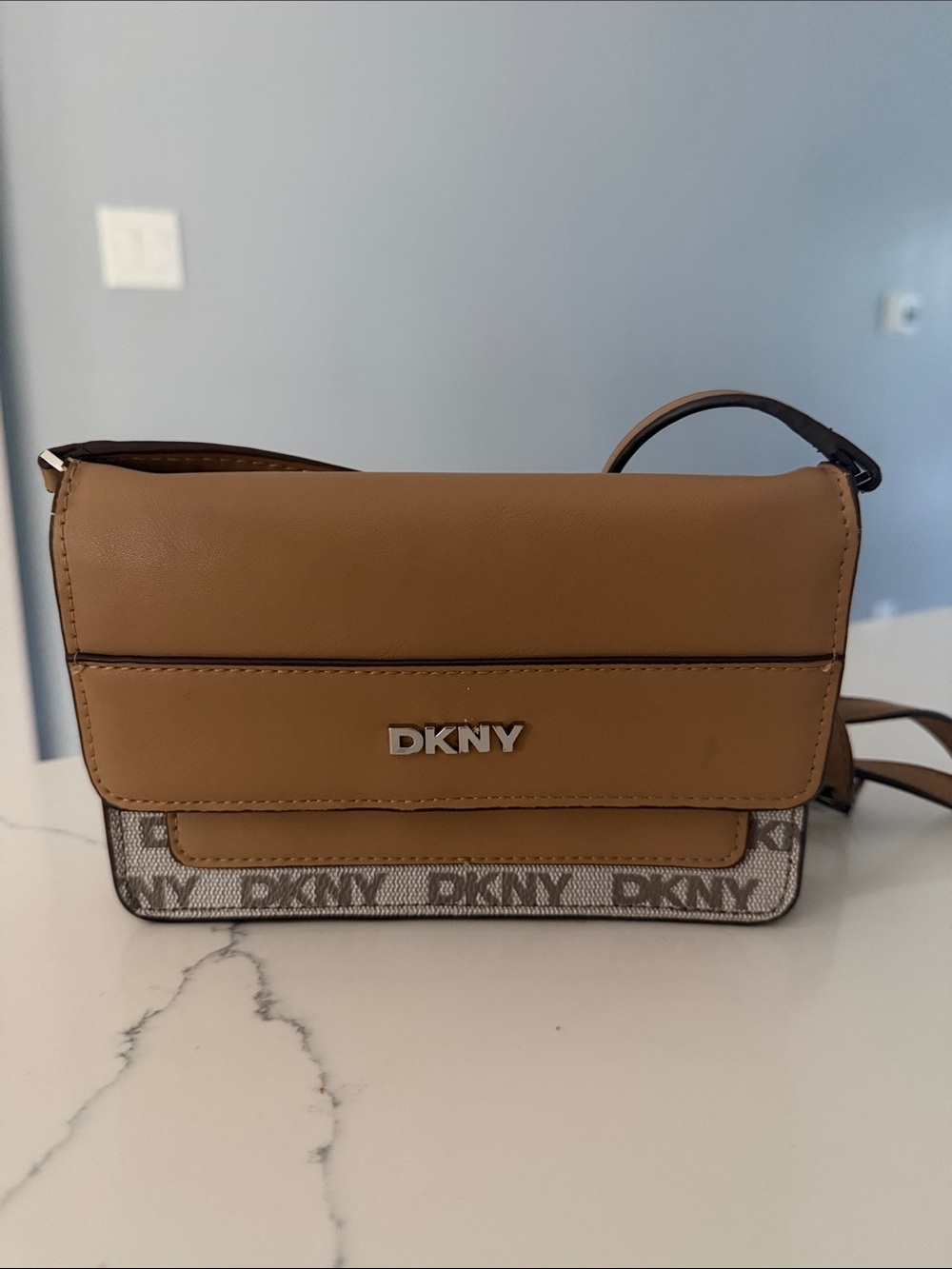 DKNY Tan and Brown Messenger Bag with Logo Trim